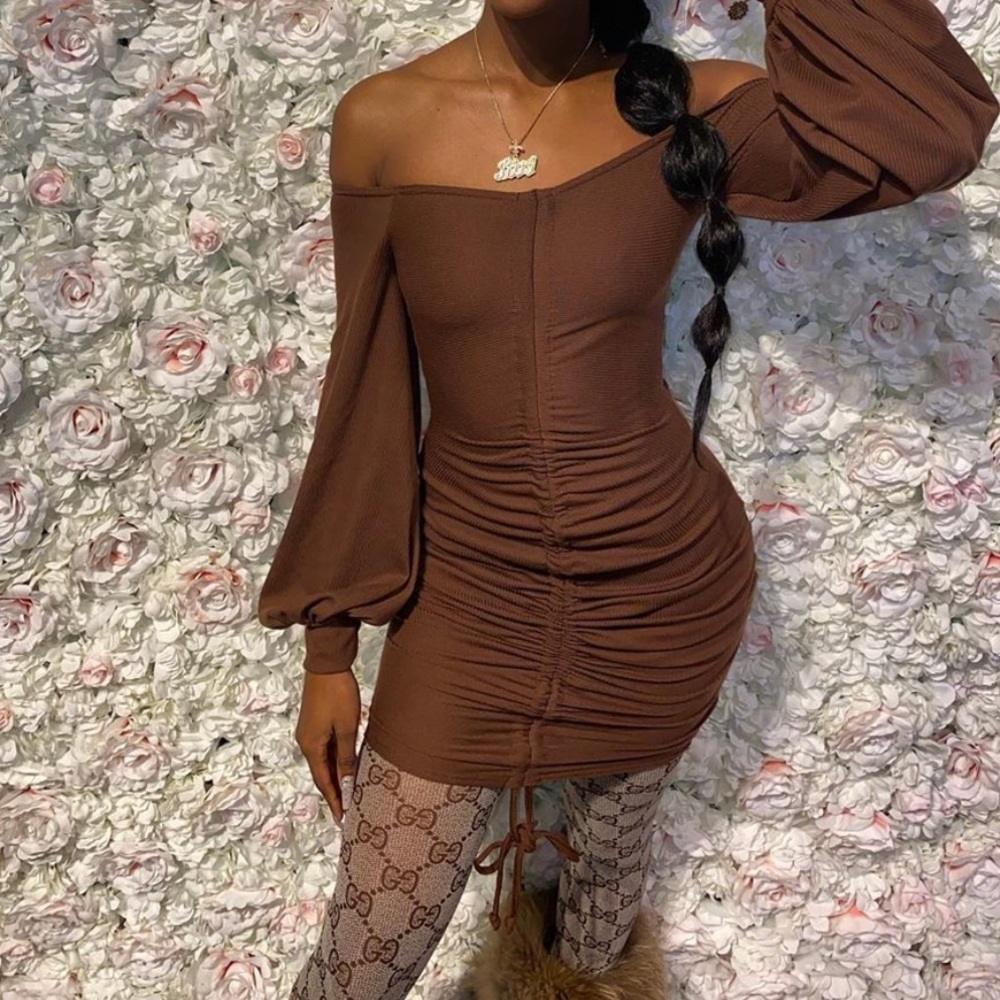 Chocolate Brown Balloon Sleeve Ruch Bodycon Dress